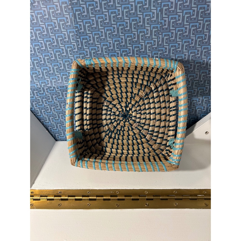 Handwoven Square‎ Seagrass Basket Turquoise Navy Blue Spiral Decorative Tray
